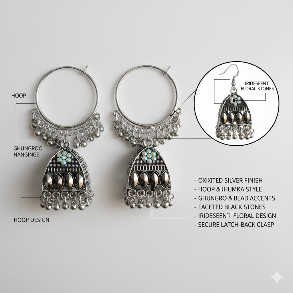 Faltufit Silver-Toned Filigree Jhumka Hoop Earrings
