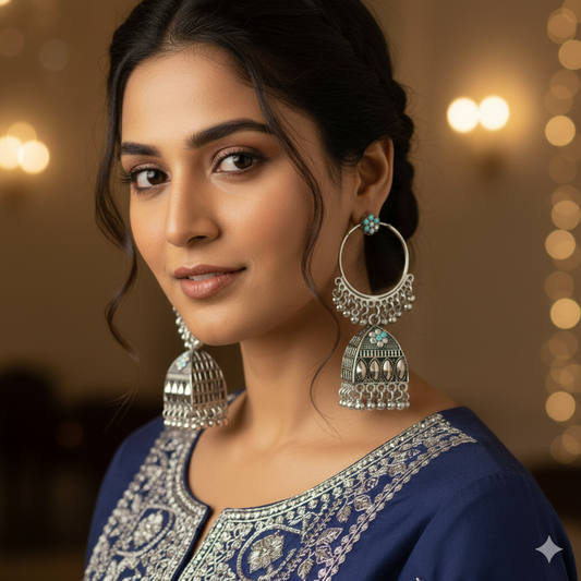 Faltufit Silver-Toned Filigree Jhumka Hoop Earrings