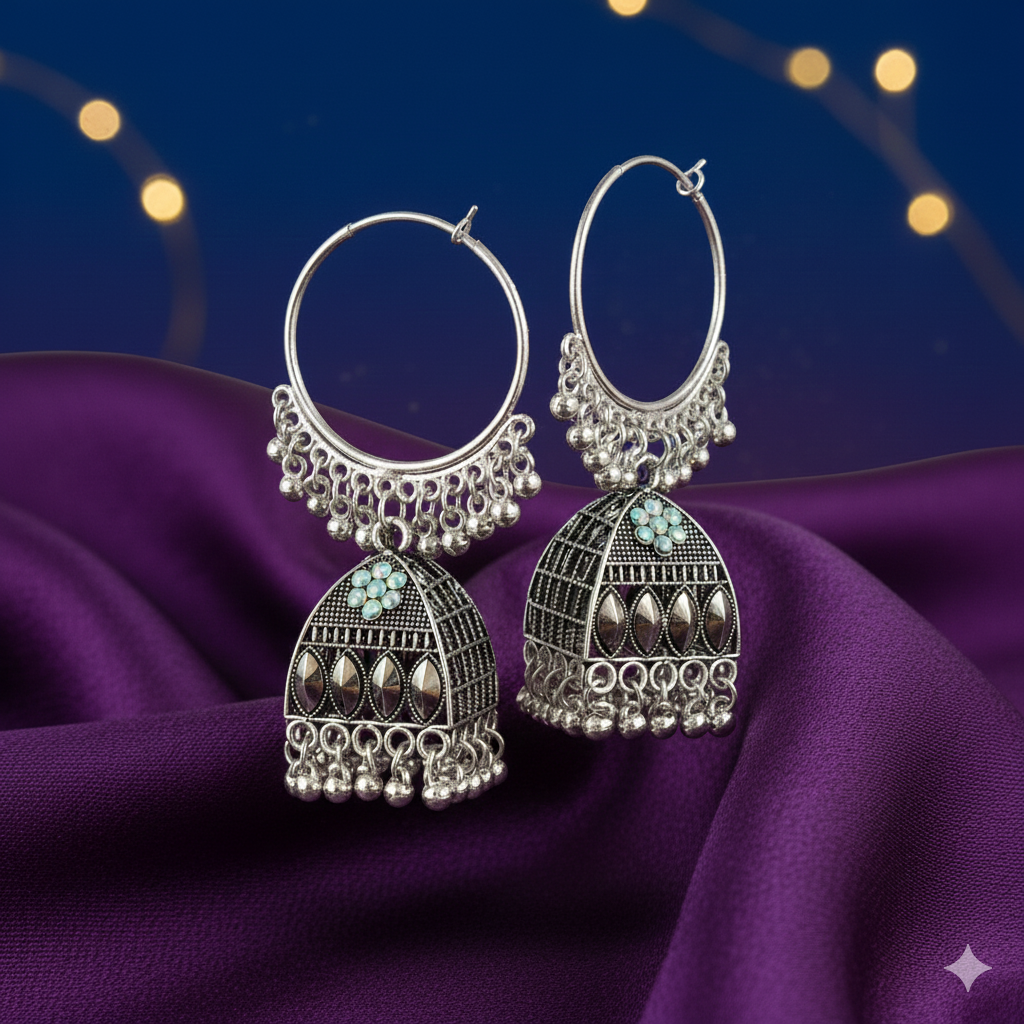 Faltufit Silver-Toned Filigree Jhumka Hoop Earrings