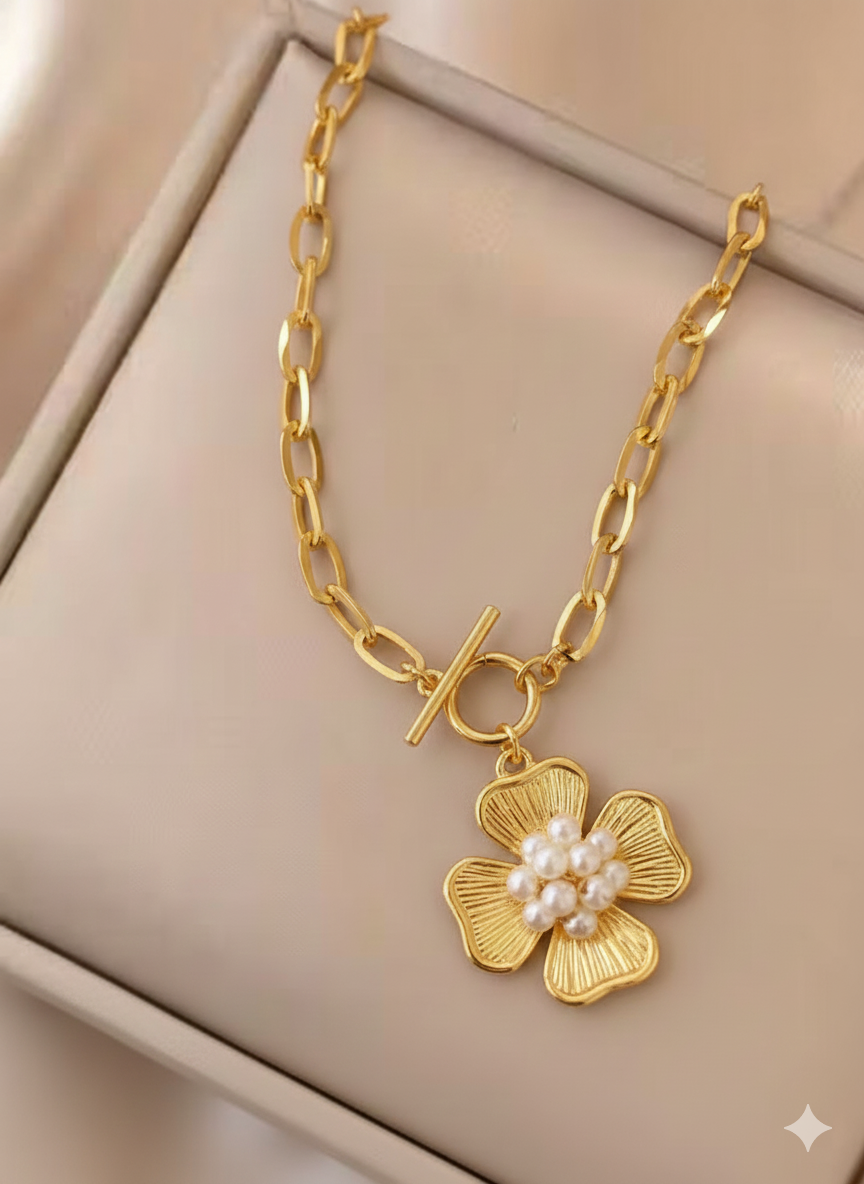 Faltu Fit Elegant Gold-Plated Pearl Flower Pendant Bracelet for Women