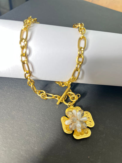 Faltu Fit Elegant Gold-Plated Pearl Flower Pendant Bracelet for Women
