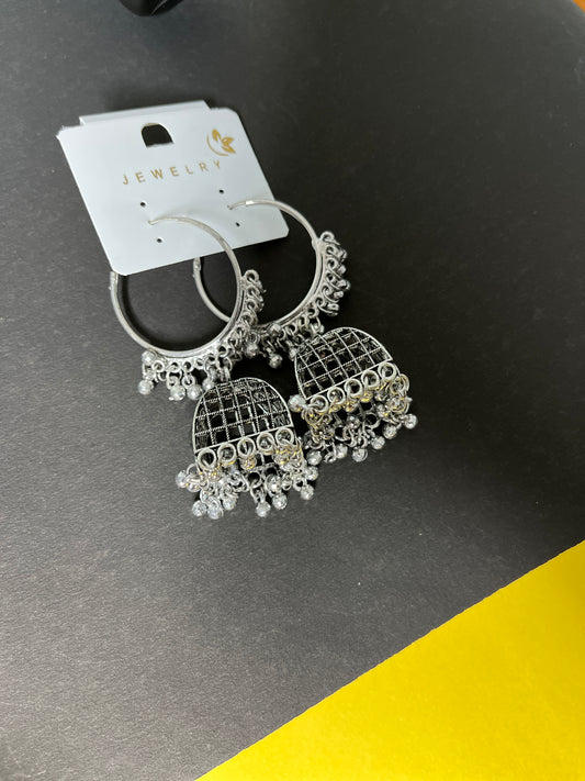 Faltufit Silver-Toned Filigree Jhumka Hoop Earrings