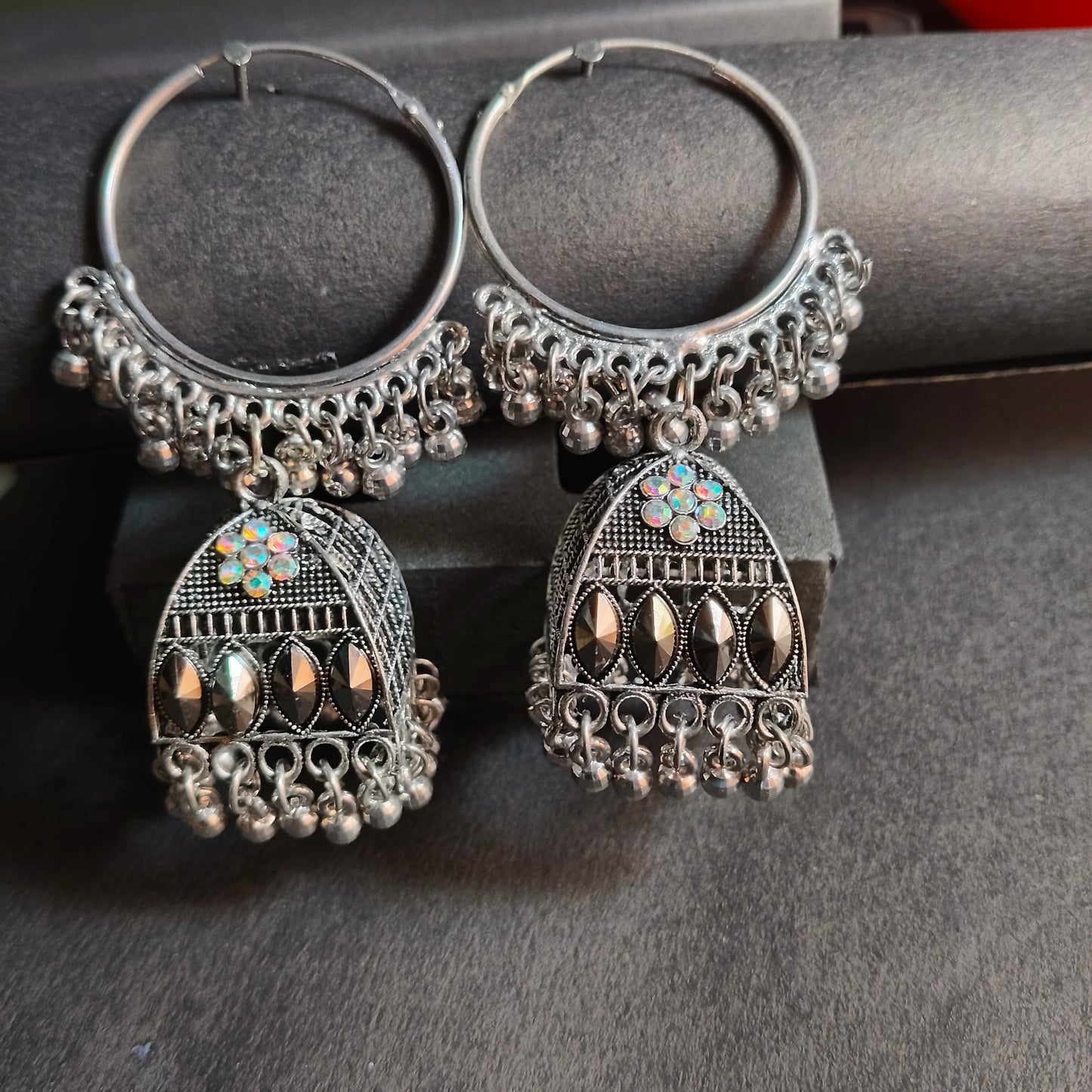 Faltufit Silver-Toned Filigree Jhumka Hoop Earrings