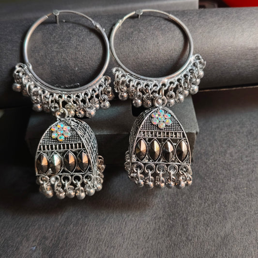Faltufit Silver-Toned Filigree Jhumka Hoop Earrings