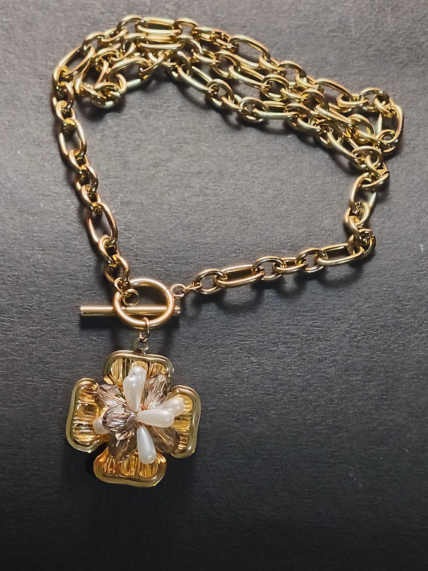 Faltu Fit Elegant Gold-Plated Pearl Flower Pendant Bracelet for Women