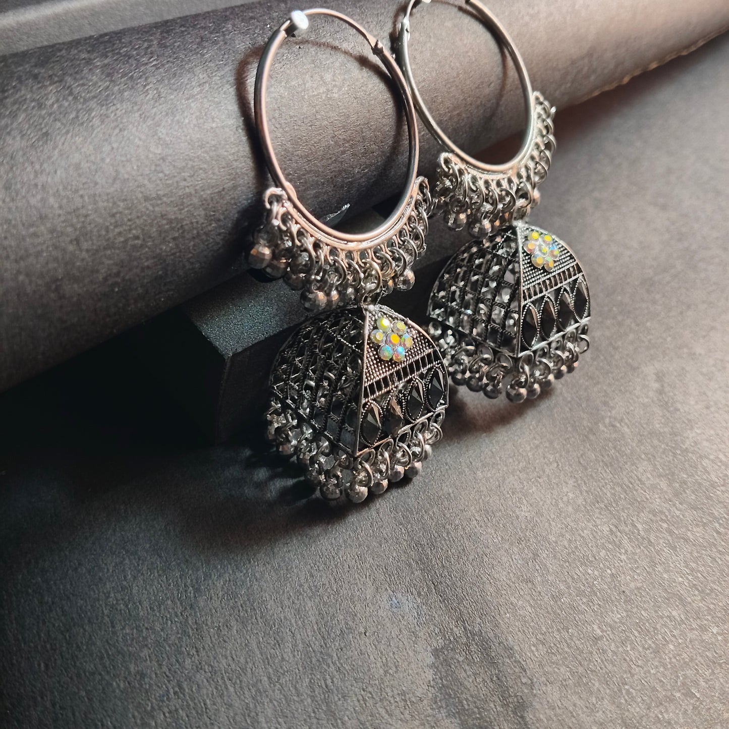 Faltufit Silver-Toned Filigree Jhumka Hoop Earrings