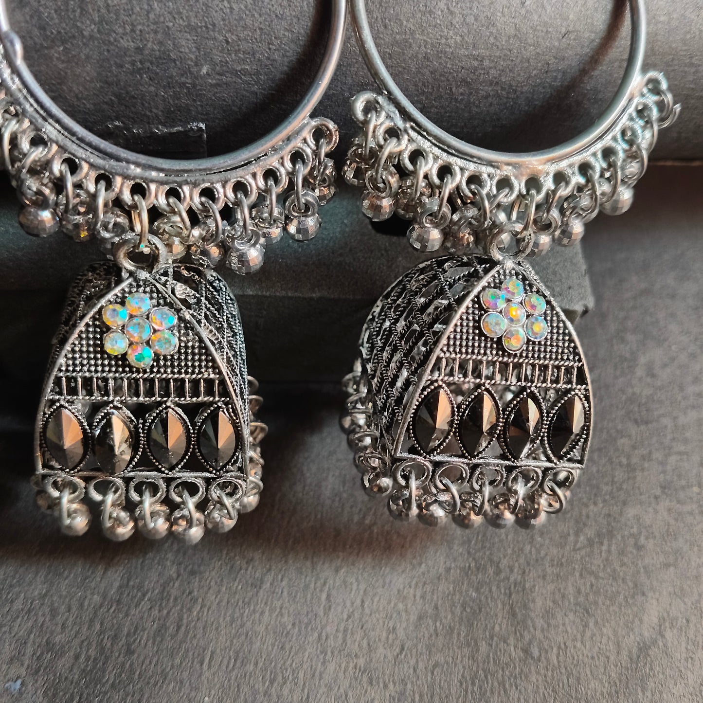 Faltufit Silver-Toned Filigree Jhumka Hoop Earrings