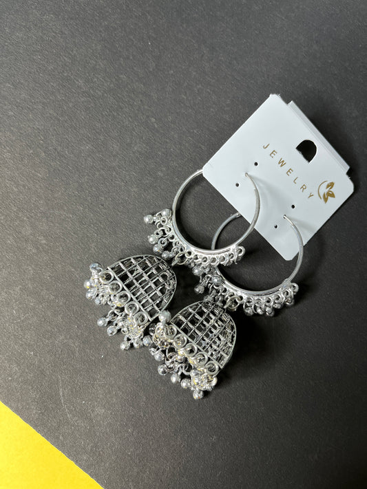 Faltufit Silver-Toned Filigree Jhumka Hoop Earrings