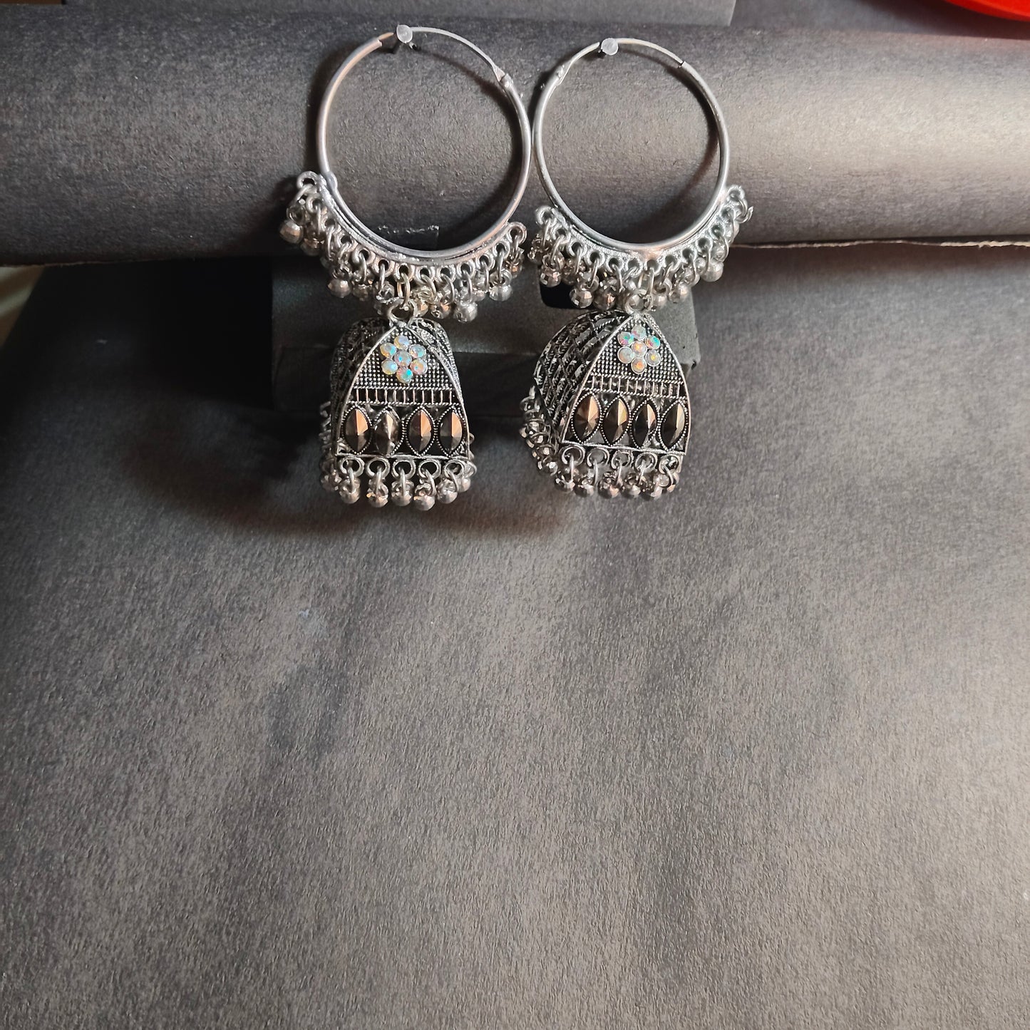 Faltufit Silver-Toned Filigree Jhumka Hoop Earrings
