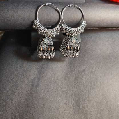 Faltufit Silver-Toned Filigree Jhumka Hoop Earrings