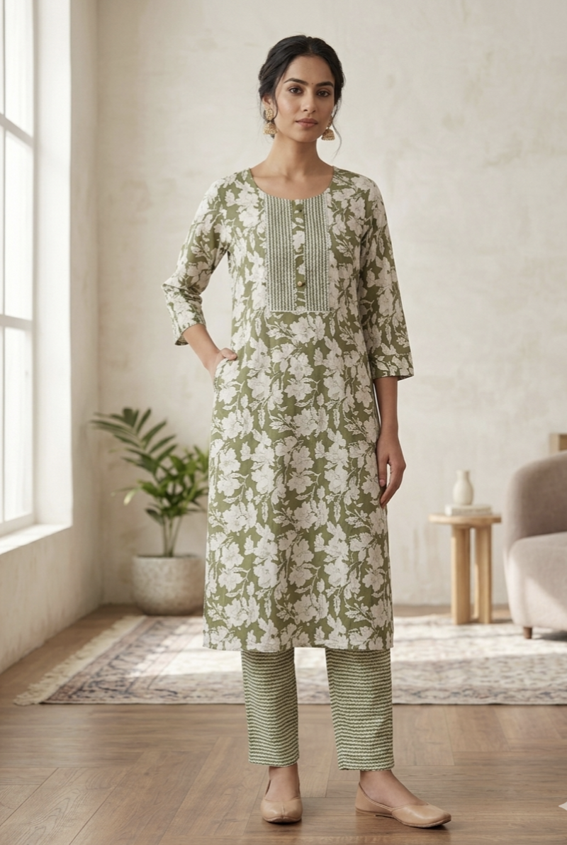 FaltuFit Blush Pink Floral Printed Kurta Pant Set
